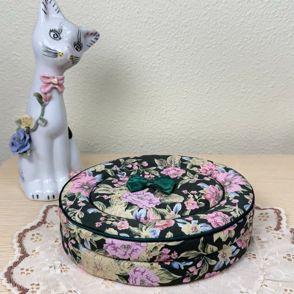 Vintage Green Pink Floral Fabric Trinket Jewelry Box Romantic Victorian Cottage